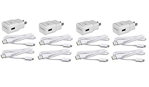 4 Pack Original Samsung Fast Charging Adapter Travel Charger + (2) 5 Foot Micro USB Data Cables - White