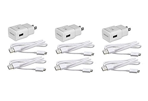 3 Pack Original Samsung Fast Charging Adapter Travel Charger + (2) 5 Foot Micro USB Data Cables - White